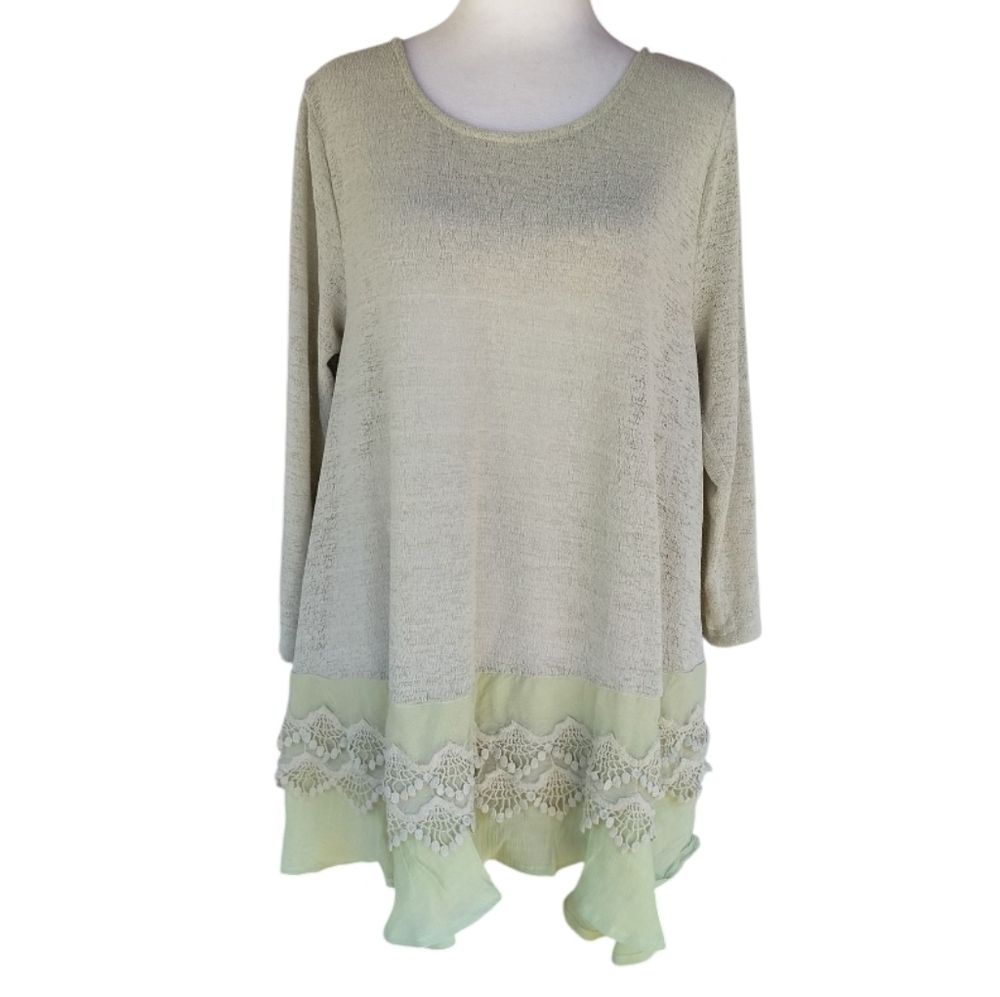 Umgee Long Sleeve Celery Green Tunic Length Blouse Top Chiffon Trim Size Large